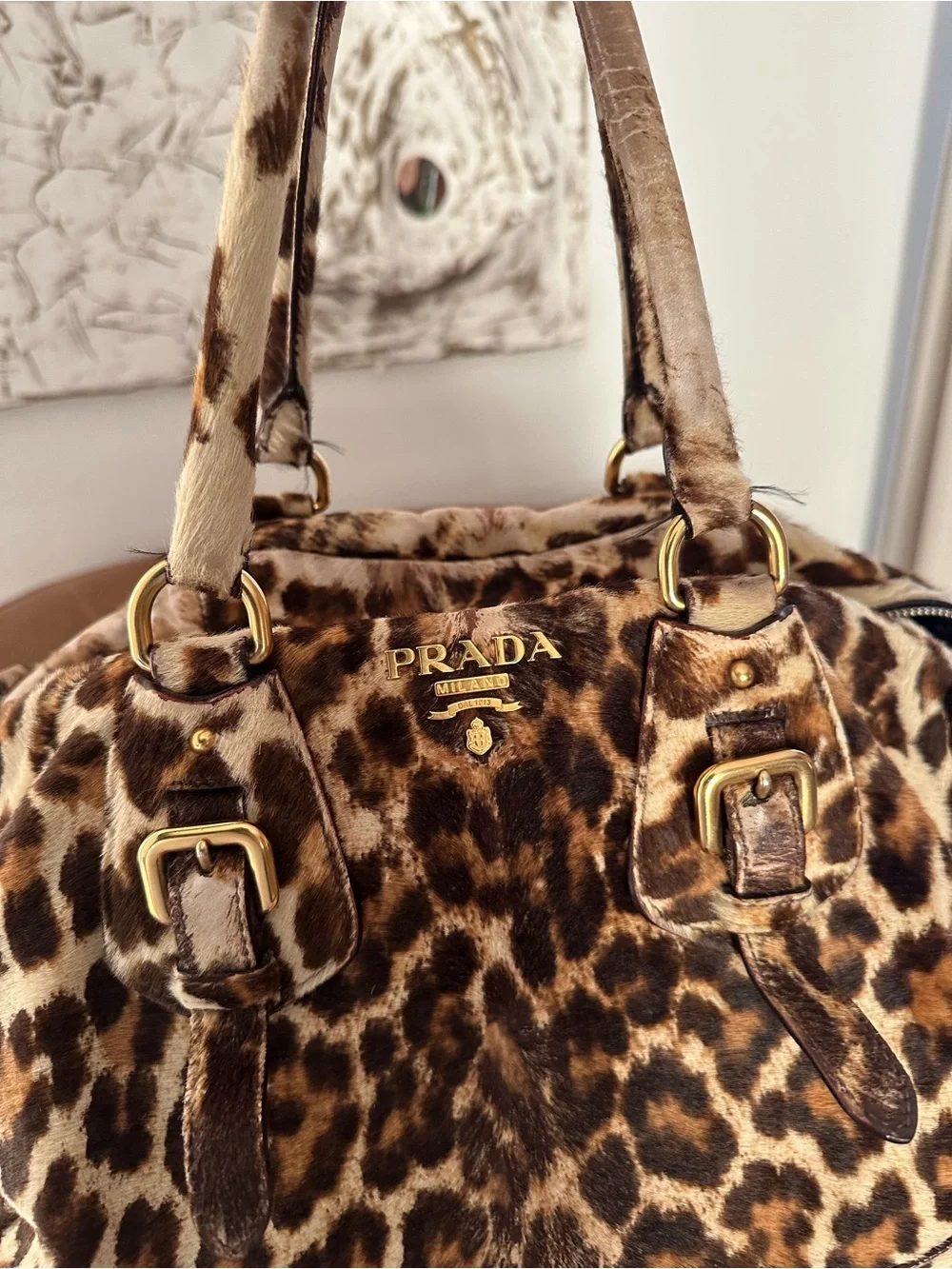 Prada Leopard-Print Calf Hair Satchel - Brown/Black/Beige bag / tote